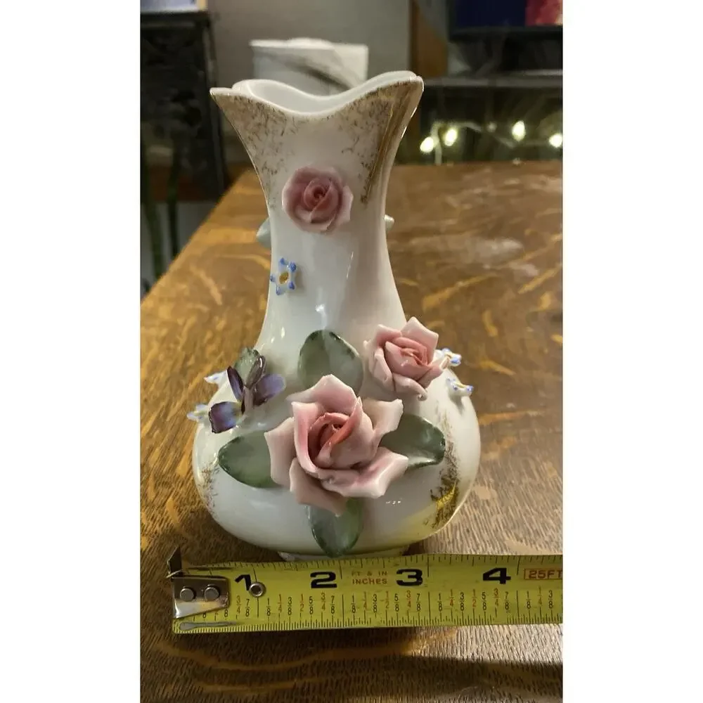 Lefton Hand-painted 6” Roses Gold Trim Blue Purple Flowers 6” Bud Vase